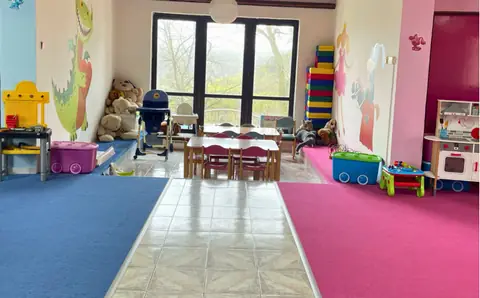Herna rozdělená dlaždicovou cestičkou na modrý a růžový koberec